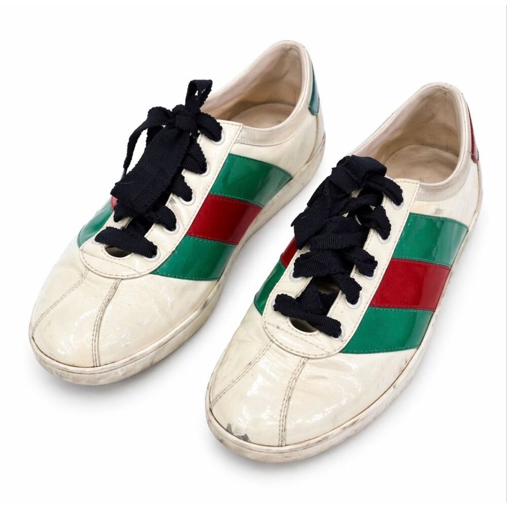 Gucci Ace Web Stripe Patent Leather Sneakers Cream Green Red Womens Size 39 (US